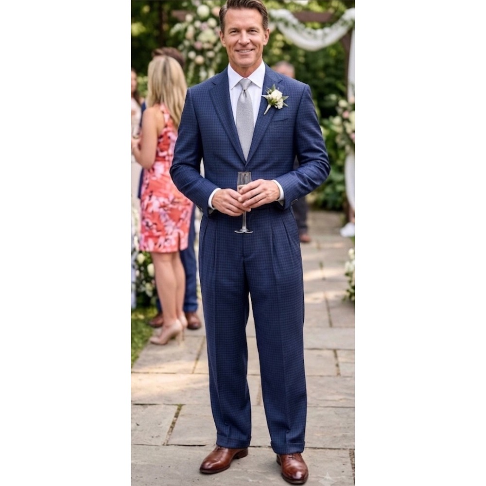 Recent Canali 2 Pc Suit Mens 42R Blue Check Wool 33x29 Cuff Wedding Relaxed Fit